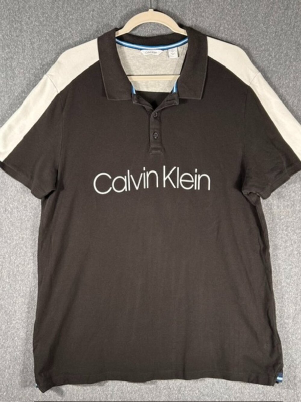 Calvin Klein Mens Black/White Spellout Short Sleeve Polo Sz Large Preppy Casual